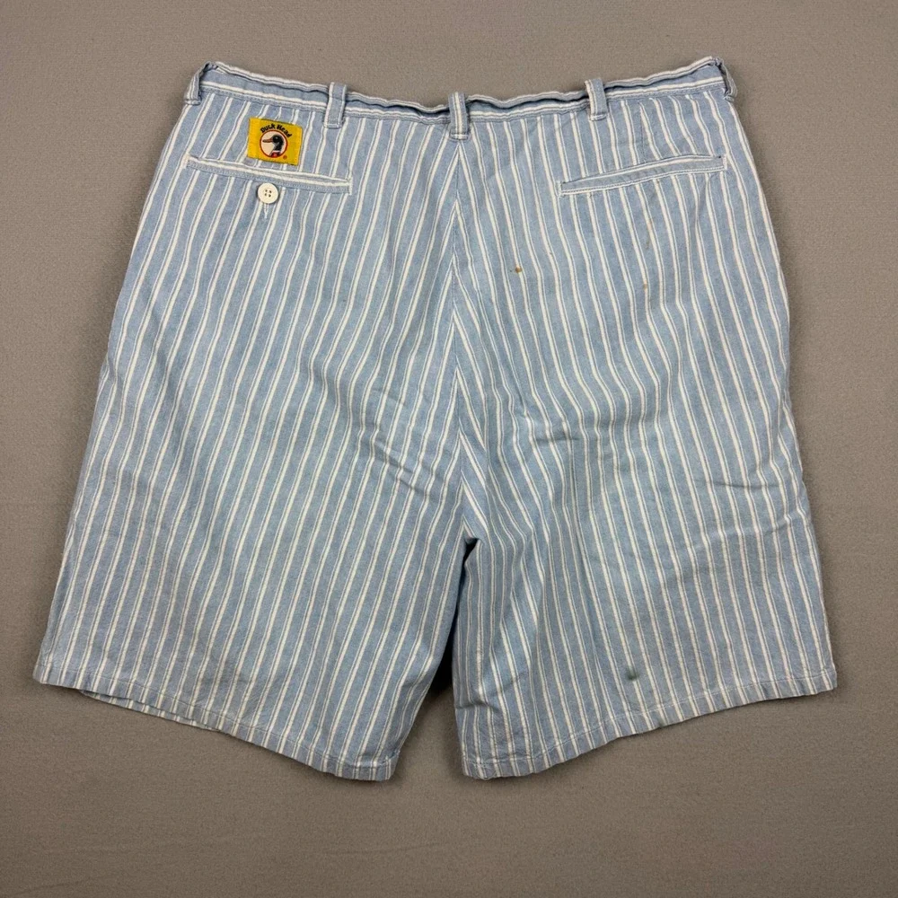Vintage 90s Duck Head Mens 36 Blue White Striped Pleated Chino Shorts Duck Logo